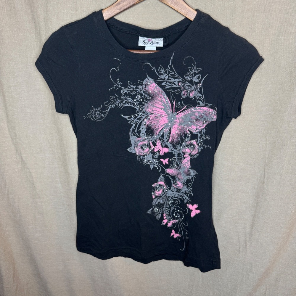 Y2K Self Esteem Black Pink Butterfly Glitter Graphic Baby Tee Cotton Medium